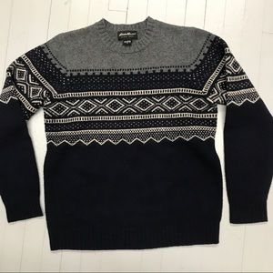 Eddie Bauer Navy/grey/cream patterned wool sweater